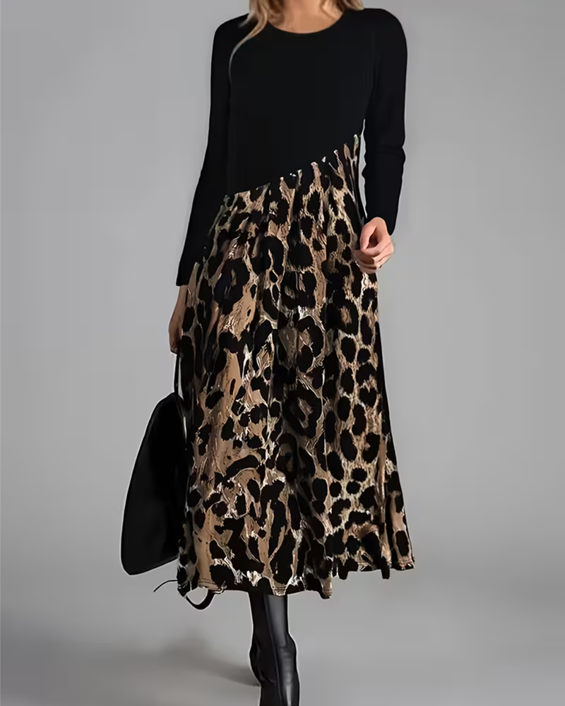Kleid Rundhals Leopard Weiter Rock