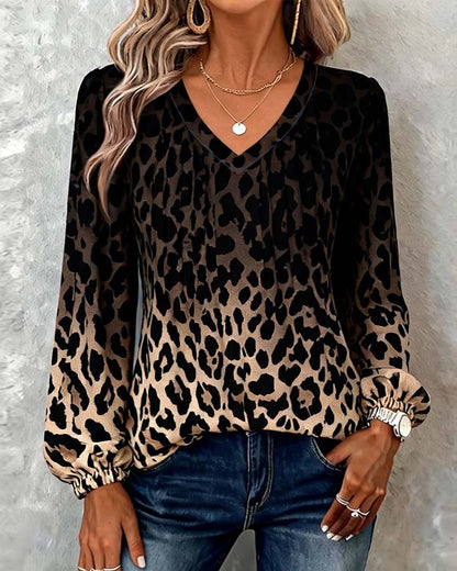 Top V-Ausschnitt Leopardenprint Farbverlauf