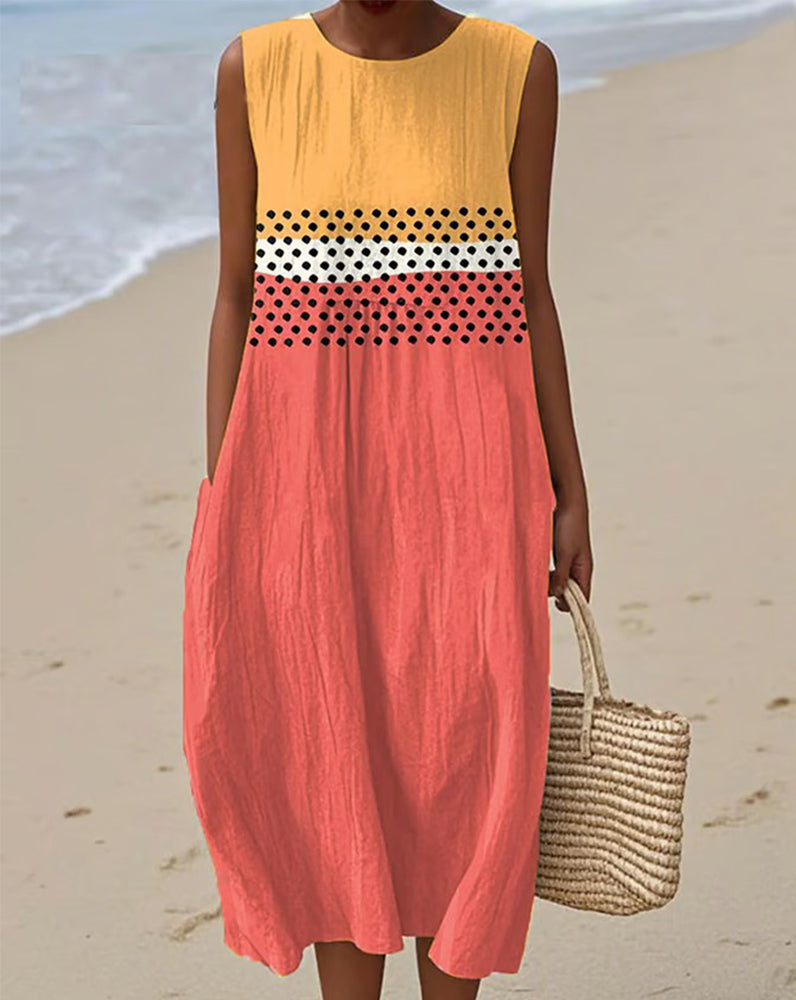 Kleid Pünktchen Rundhalsausschnitt Ärmellos