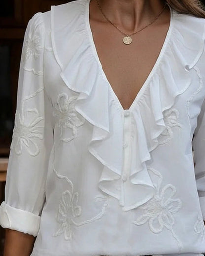 Bluse Rüschenkragen Bestickte Blume