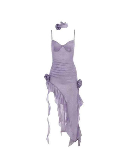 Purple Y2K Shiny Ruffle Asymmetric Slit Hem Floral Maxi Dress