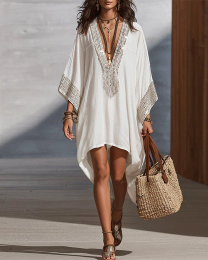 Kleid Tiefer V-Ausschnitt Urlaub Mode Loose Fit