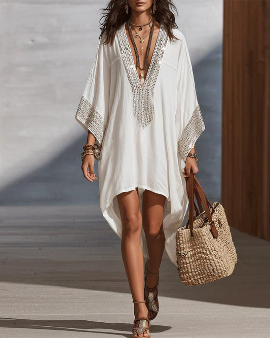 Kleid Tiefer V-Ausschnitt Urlaub Mode Loose Fit