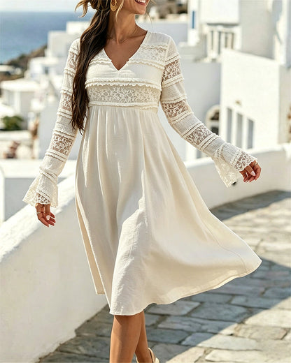 Kleid Einfarbig V-Ausschnitt Spitze Patchwork