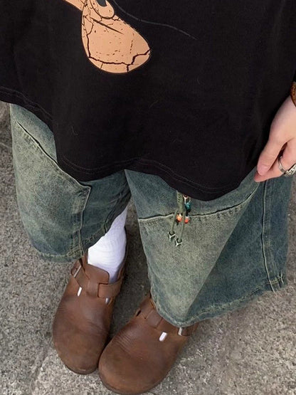 Blaue Amerikanische Vintage Washed Aged Denim Short