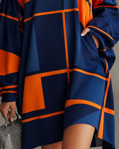 Kleid Kontrastfarbe Rollkragenlaterne Ärmel