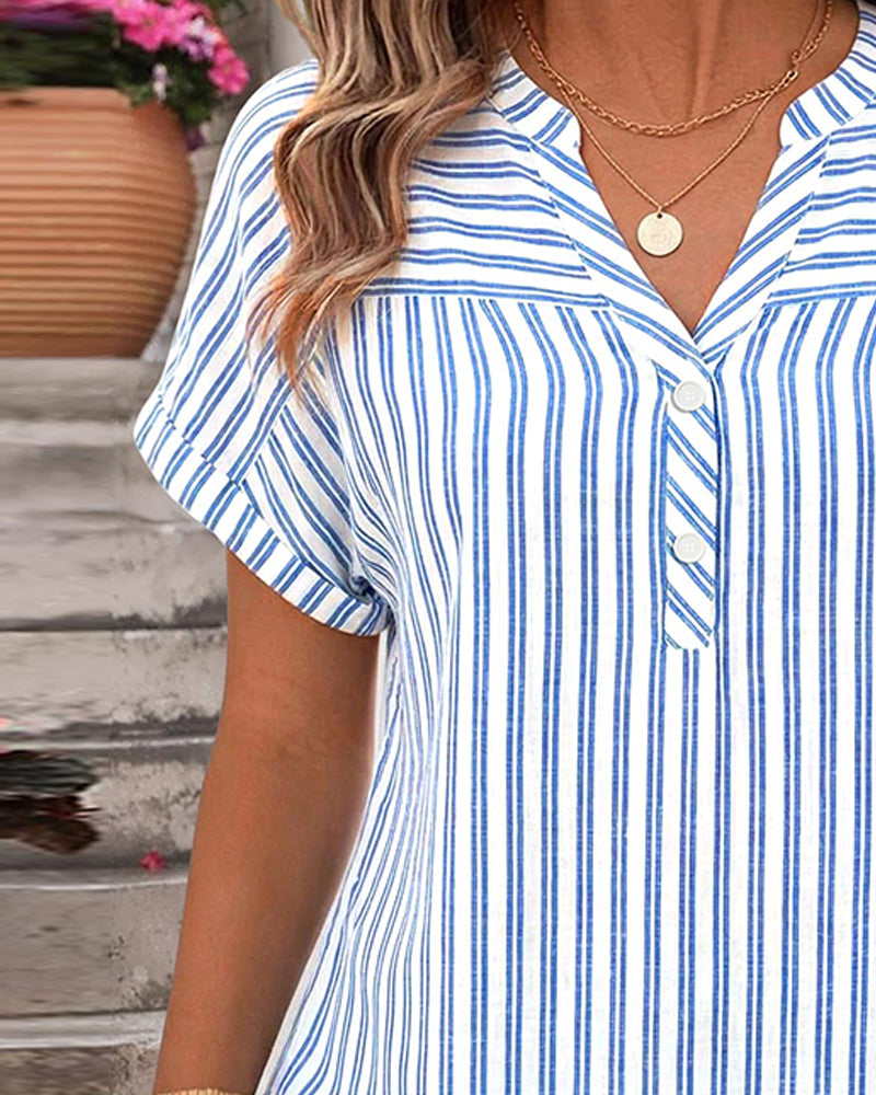 Bluse Streifen V-Ausschnitt Knopf Patchwork