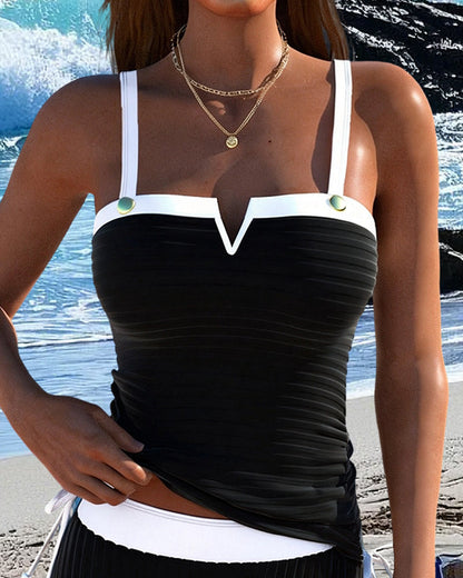 Tankini Kontrastfarbe V-Ausschnitt Geteilt Boxer