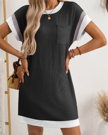 Kleid Kurzarm Tasche Kontrast