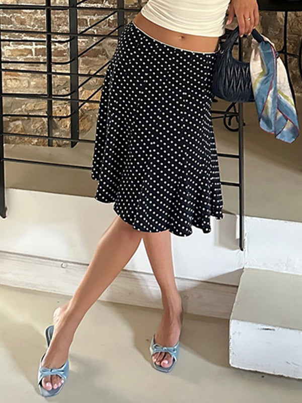 Schwarzer Vintage Punktem Rüschen Maxirock