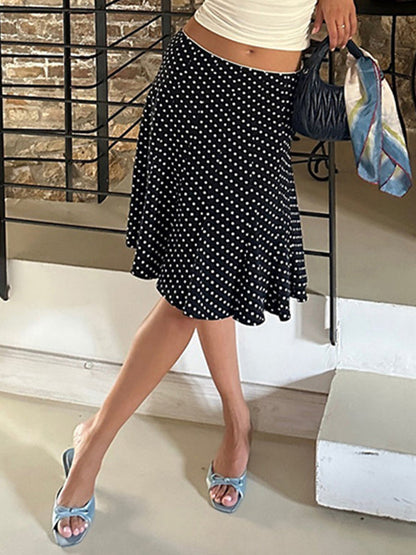 Schwarzer Vintage Punktem Rüschen Maxirock