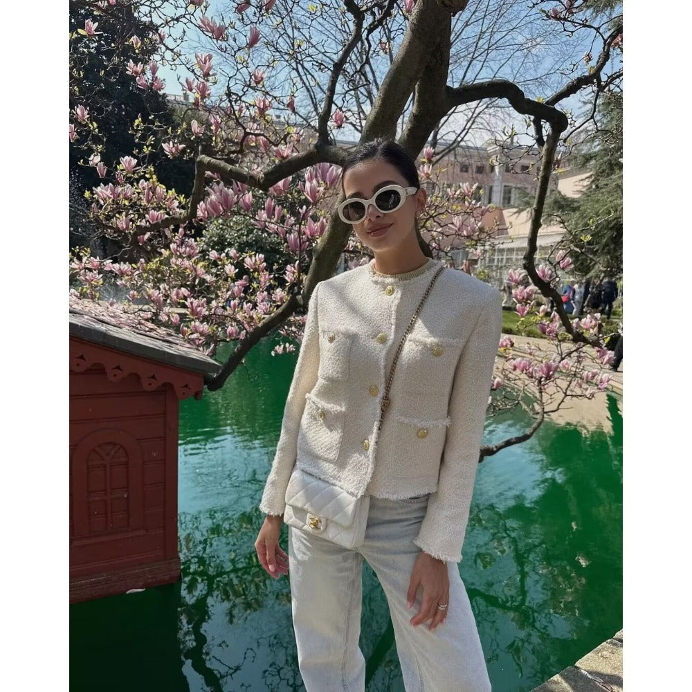 Tweed Button Up Long Sleeve Jacket for Women - Gianna