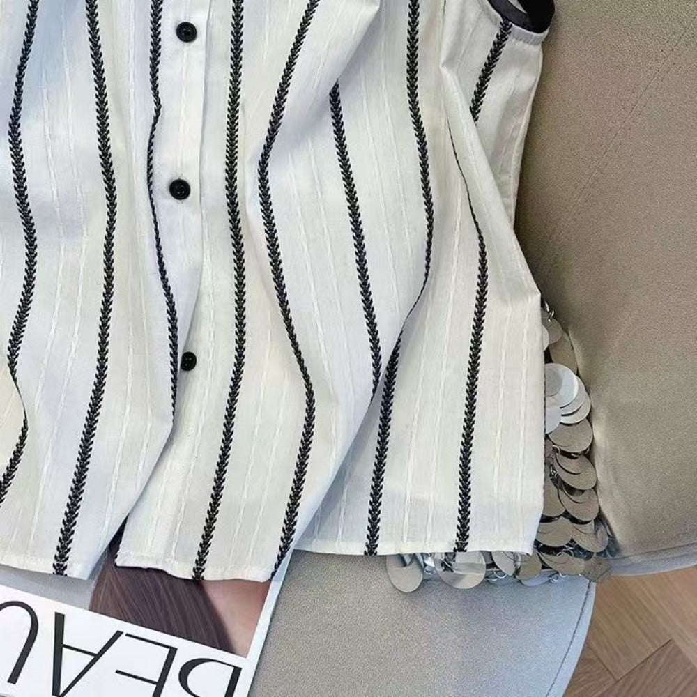 White and Black Striped Sleeveless Blouse for Women - Gisella