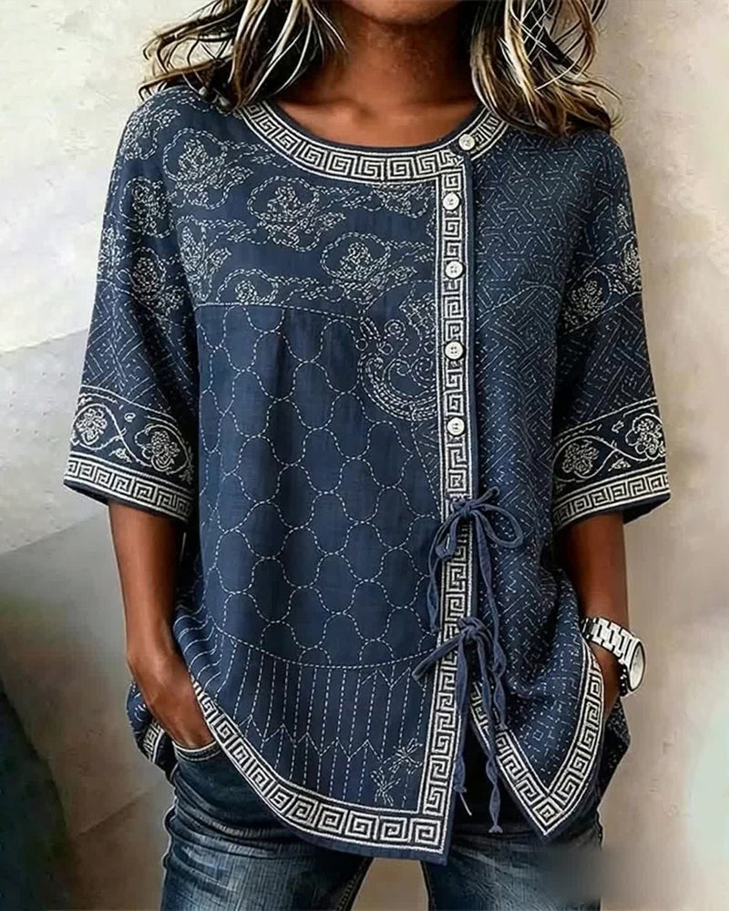 Bluse Binden Seite Asymmetrische Knopfleiste Rundhalsausschnitt