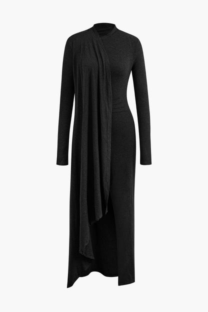 Mock Neck Wrap Dress with Ruffle Long Sleeves and Slit