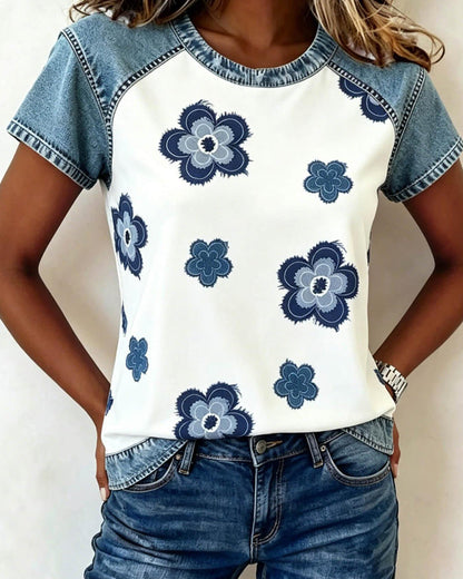 Bluse Denim Patchwork Blumenprint