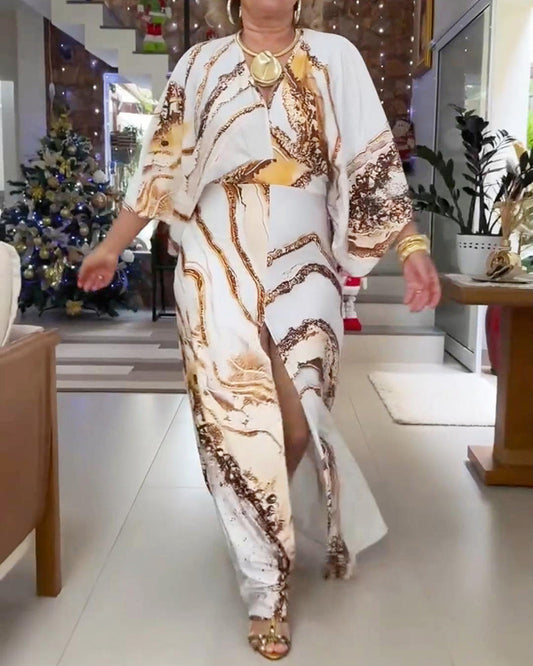 Kleid langärmlig V-Ausschnitt Schlitz bedruckt
