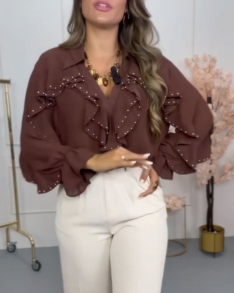 Bluse stylisch V-Ausschnitt gerüscht Perle
