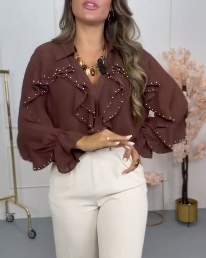 Bluse stylisch V-Ausschnitt gerüscht Perle
