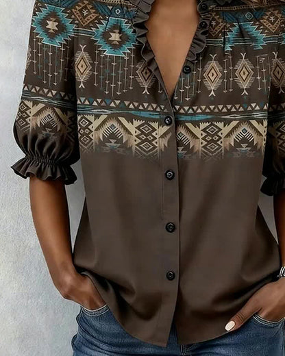 Bluse Western Stil Gedruckt Volant Kurzärmelig