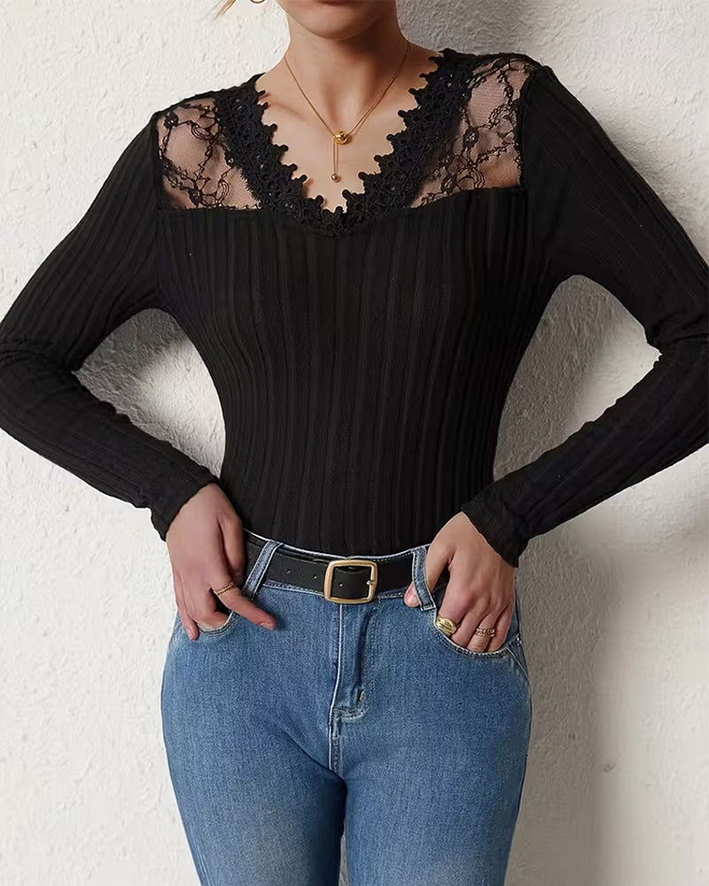 Elegantes Spitzen-T-Shirt, einfarbig, schmal geschnitten, V-Ausschnitt