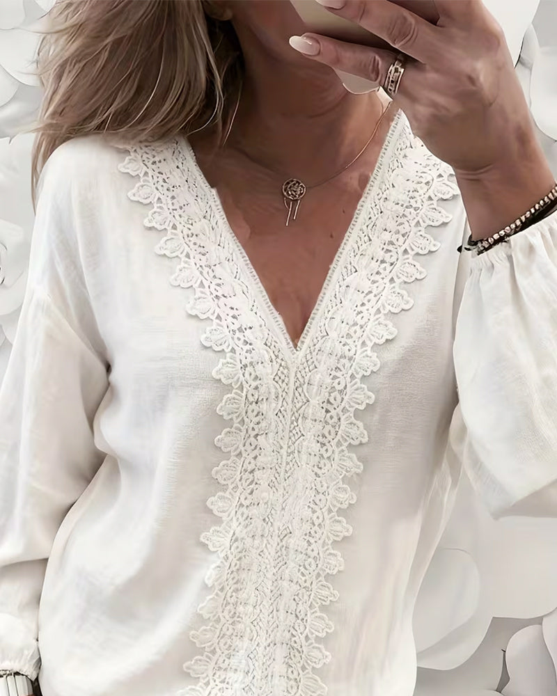 blouse elegant spitzenbesatz v-ausschnitt