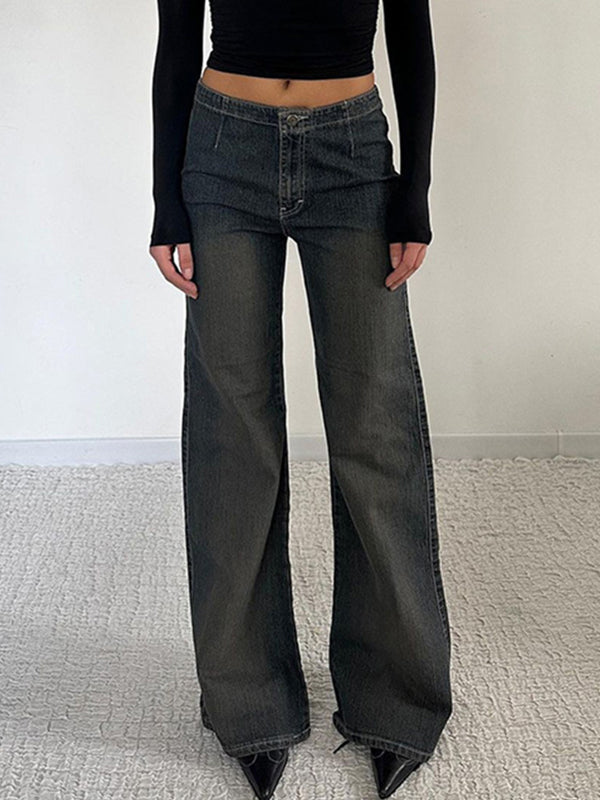 Blaue Vintage Schlagjeans mit Falten Schlichtem Modischem Design