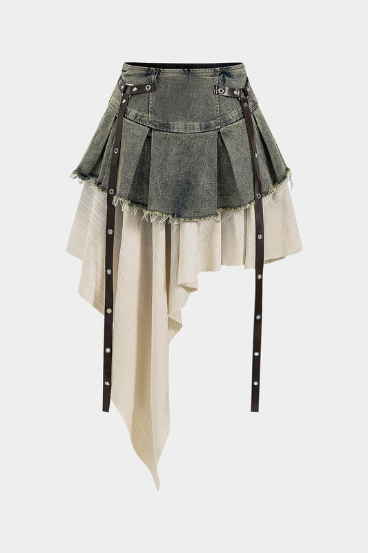 Vintage patchwork denim high waist skirt 