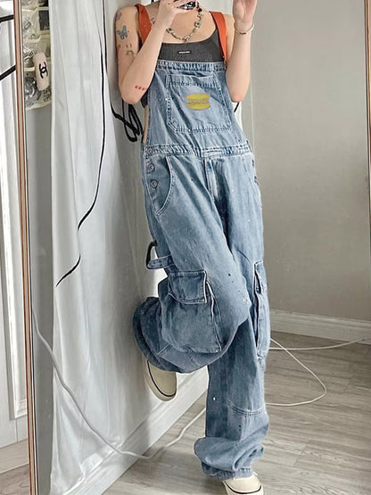 Blauer Vintage Overall mit Großen Taschen und Splash Ink Print