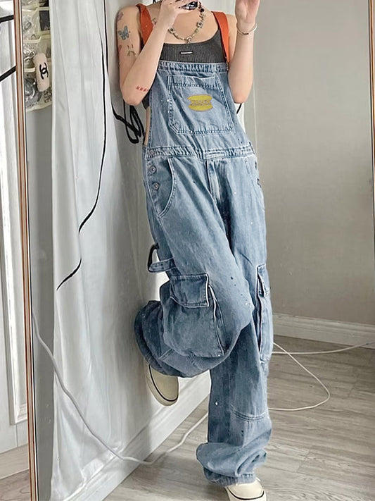 Blauer Vintage Overall mit Großen Taschen und Splash Ink Print