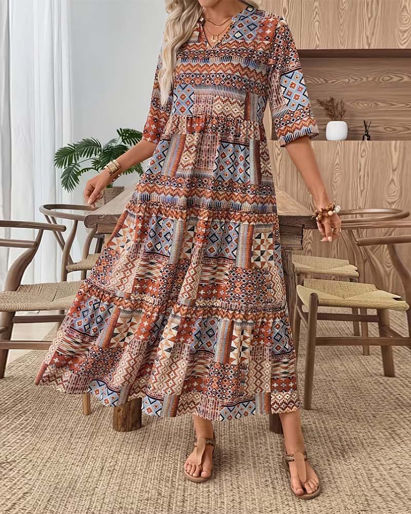 Kleid Etnisch Geometrischer Druck Lang