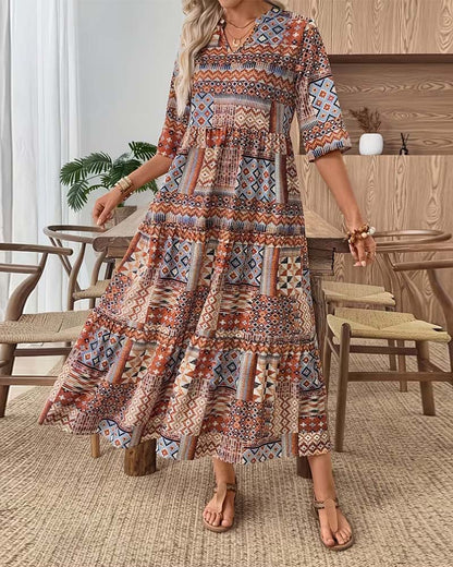 Kleid Etnisch Geometrischer Druck Lang