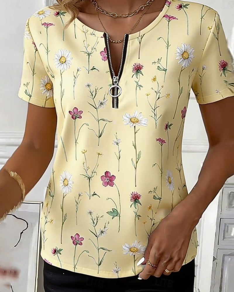 T-Shirt Wildblume Druck Halb Reißverschluss