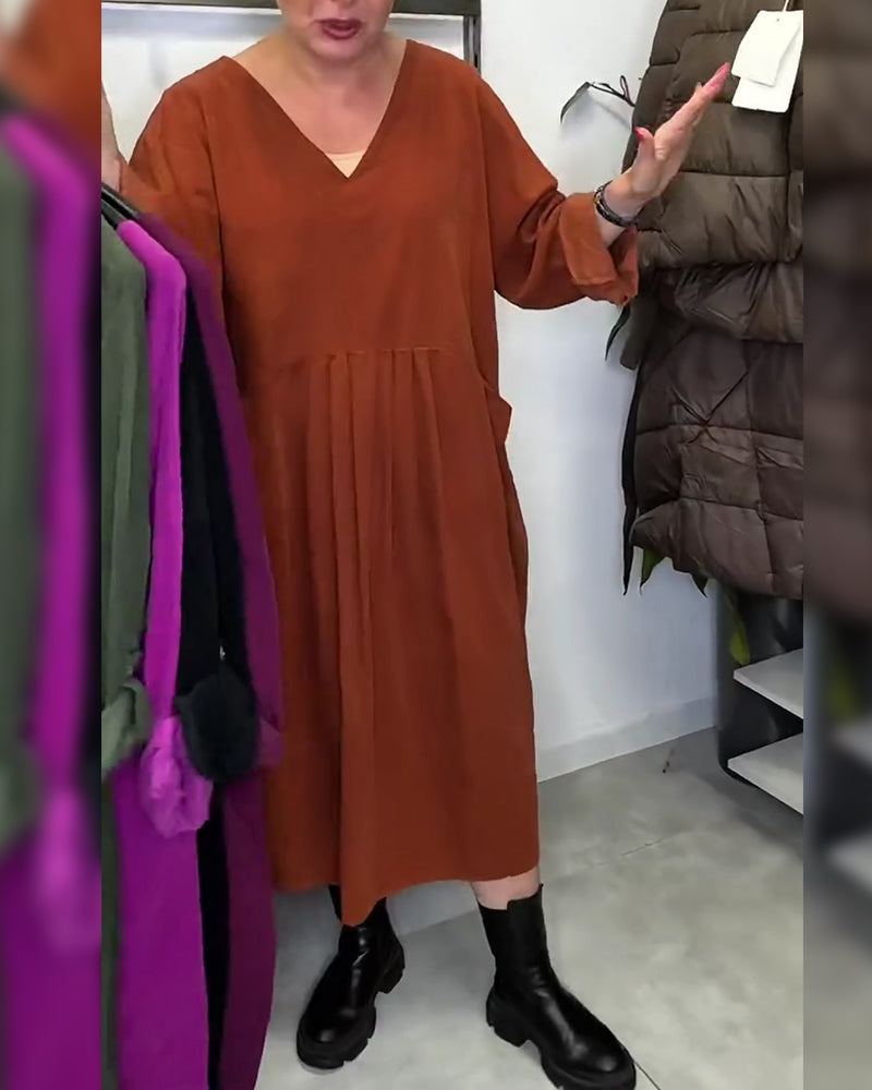 Kleid V-Ausschnitt lockere Passform Plisseefalten