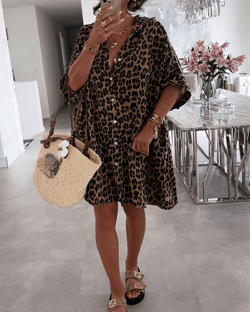 Kleid Revers Leopardenmuster Lockeres Hemd