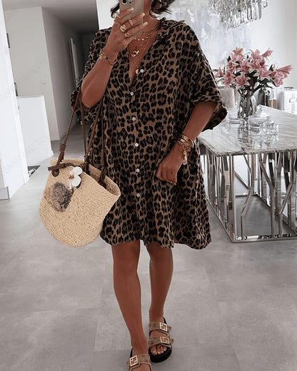 Kleid Revers Leopardenmuster Lockeres Hemd