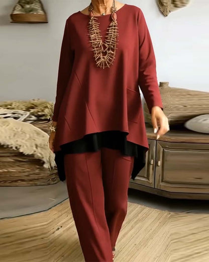 Set unregelmäßig langärmliges Top und gerade geschnittene Hose