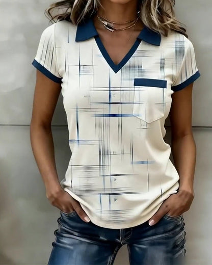 Top V-Ausschnitt bedruckt Colorblock