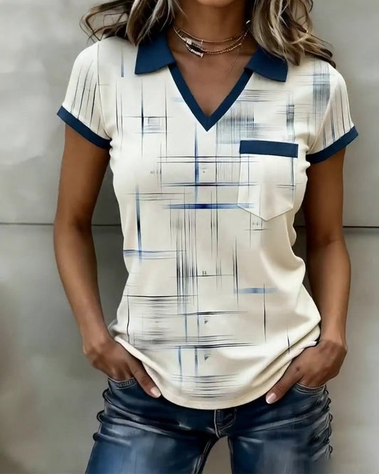 Top V-Ausschnitt bedruckt Colorblock