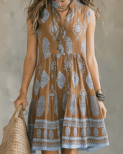 Kleid Boho-Muster Ärmellos Kurzer Stehkragen