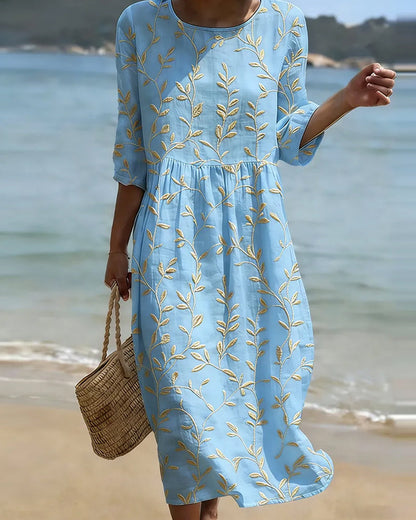 Kleid Rundhals Bestickt Uni Lässig