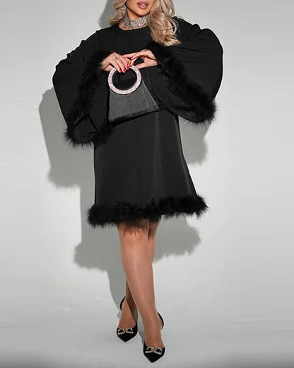 Kleid Glockenärmel Pelz Patchwork Locker