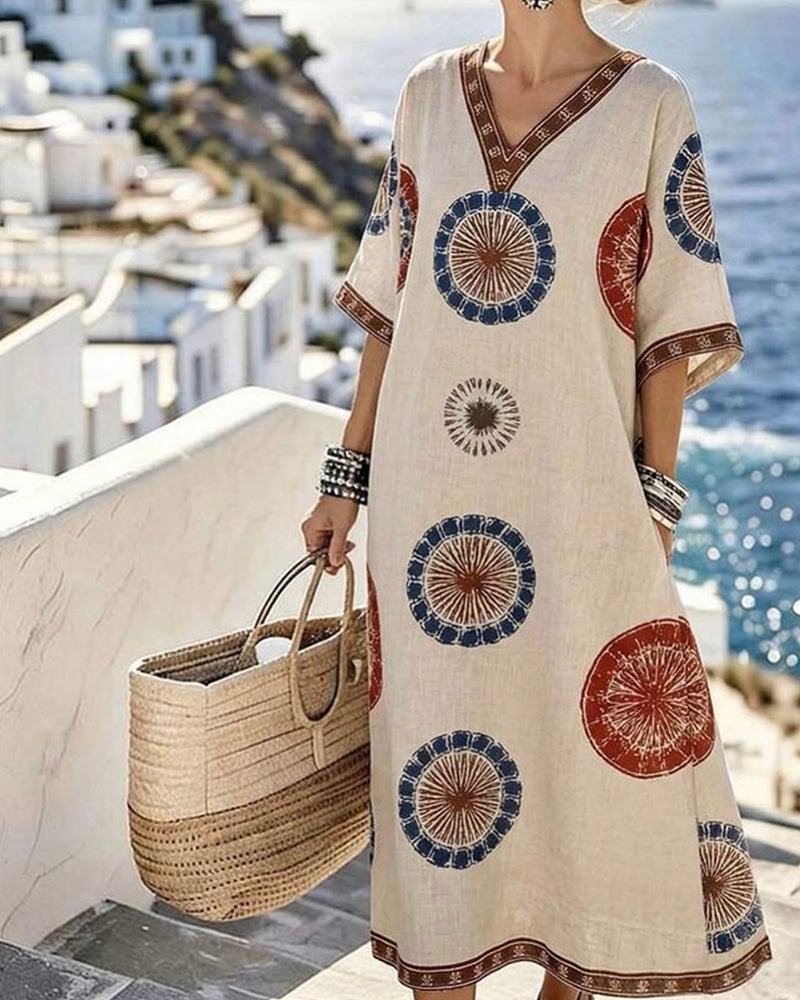 Kleid V-Ausschnitt Retro Kreis Druck Maxi