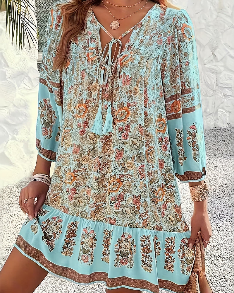 Kleid V-Ausschnitt Bindung Rüsche Blume