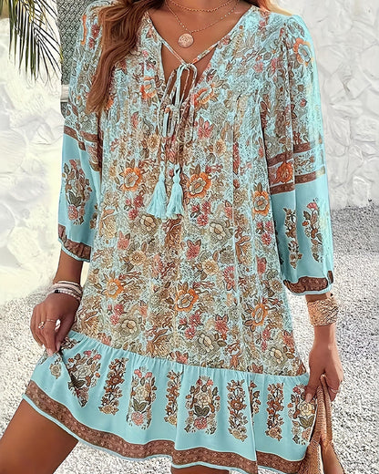 Kleid V-Ausschnitt Bindung Rüsche Blume