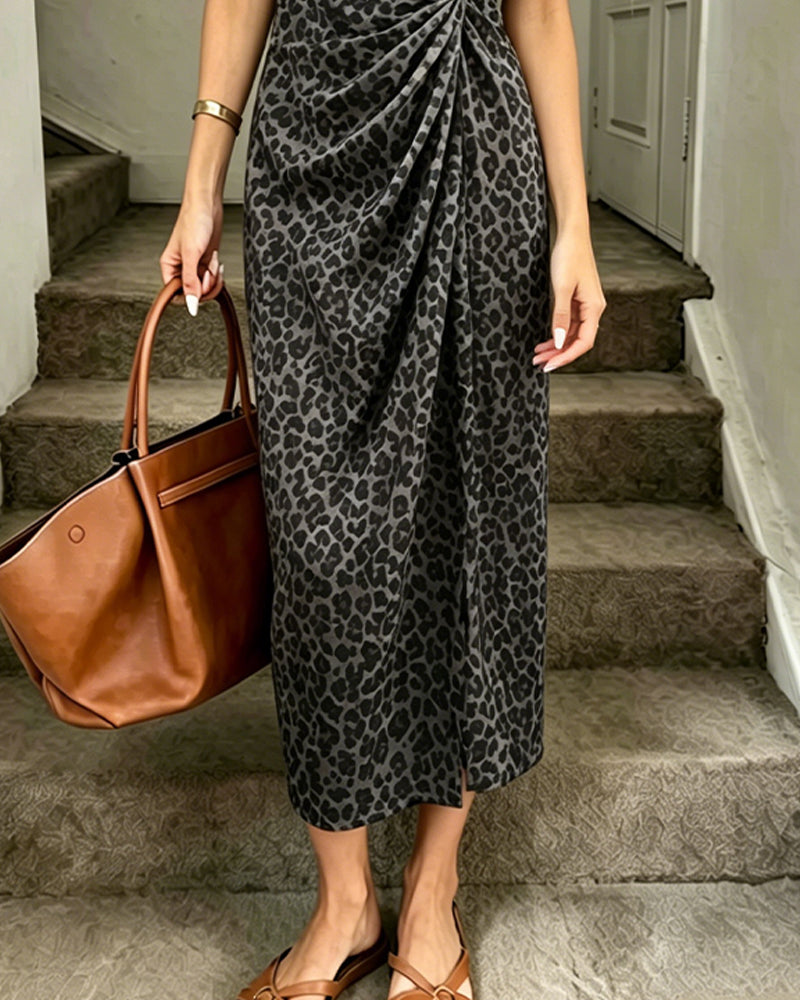 Kleid Rundhals Twist Vorne Leopard Kurzarm Lang