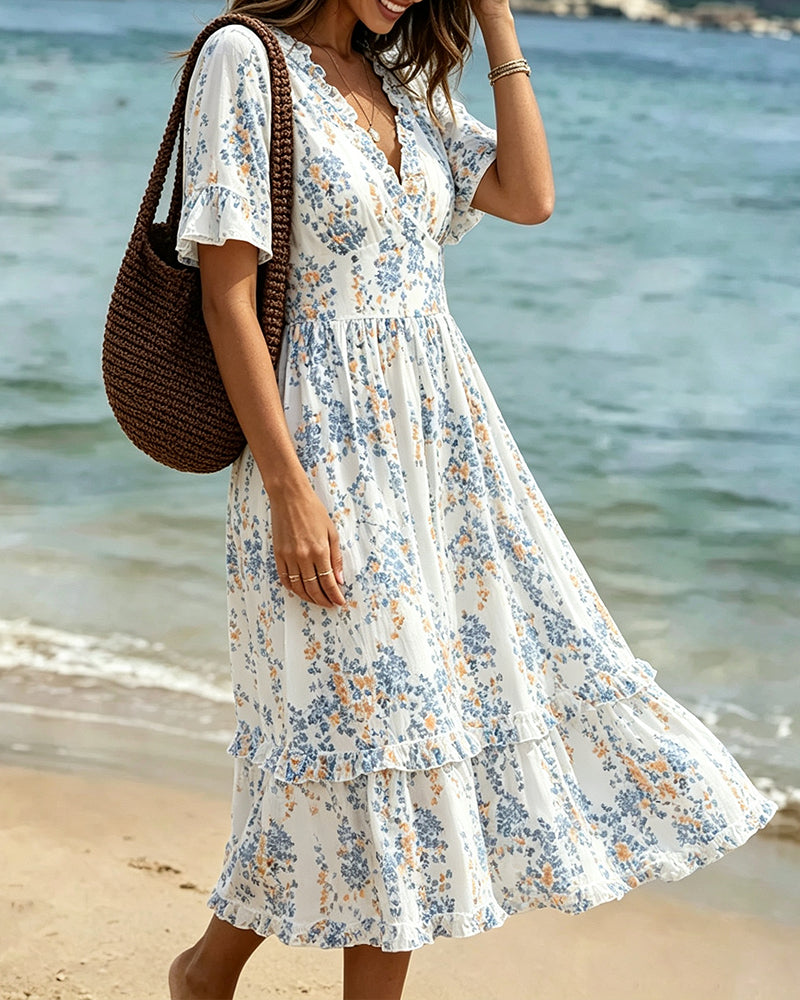 Kleid Blumen Rüsche V-Ausschnitt Patchwork
