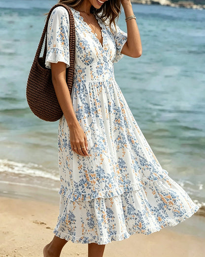 Kleid Blumen Rüsche V-Ausschnitt Patchwork
