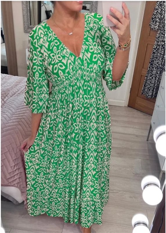 💃Heißer Ausverkauf 🔥 Kaufen Sie 2 versandkostenfrei💞Lässiges, bedrucktes langes Kleid mit V-Ausschnitt