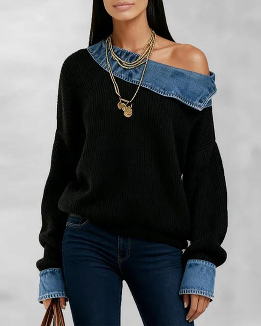 Top Off-Shoulder Denim Patchwork
